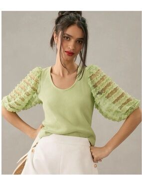NWT Dolan Anthropologie Green Ribbed Top Ruffle Puff Sleeve Size L